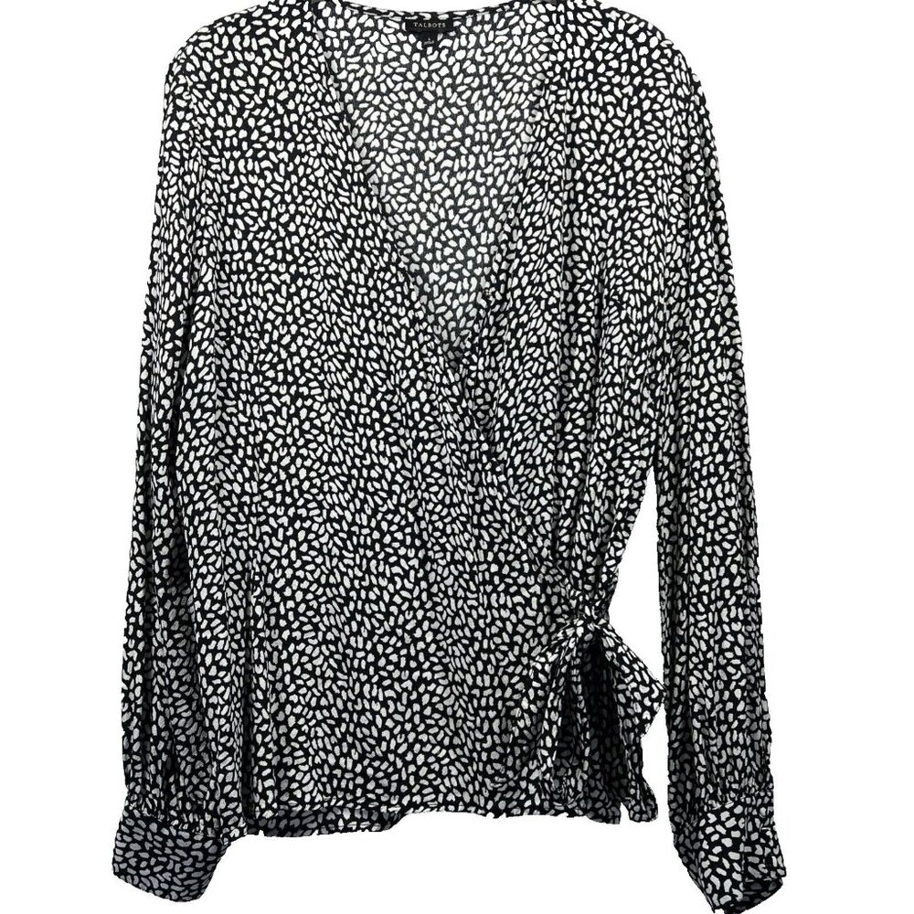 Talbots Women's Wrap Blouse Large Black White Long Sleeve‎ Top Stretch Classic